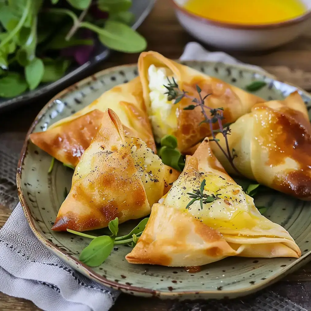 Des samoussas dorés et garnis de fromage crémeux sont présentés sur une assiette, accompagnés de jeunes pousses.