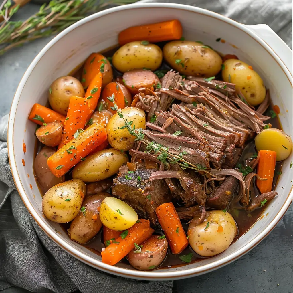 Un plat de viande braisée accompagné de carottes, de pommes de terre et d'herbes aromatiques.