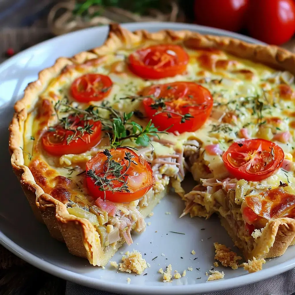 Tarte salée garnie de tomates, herbes et morceaux de viande, avec une part découpée.