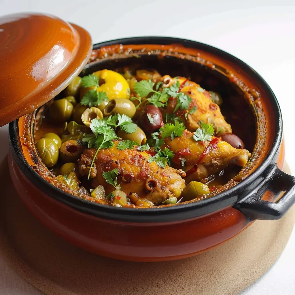 Un plat marocain de poulet aux olives et aux herbes, servi dans un plat en terre cuite.