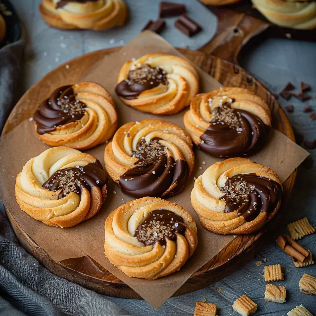 Des biscuits en spirale, enrobés de chocolat noir et garnis de cristaux de sucre, sont présentés sur une planche en bois.