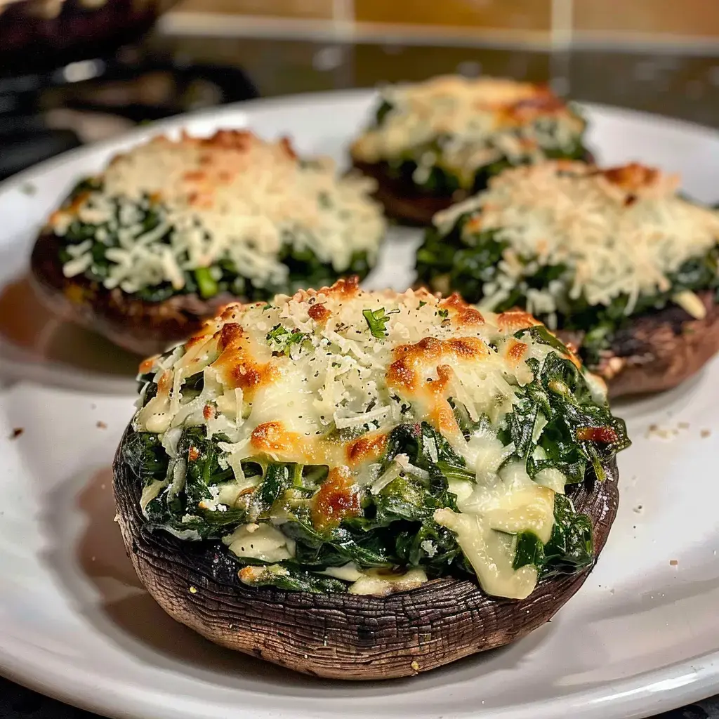 Quatre champignons portobello garnis d'épinards et de fromage gratiné, présentés sur une assiette blanche.