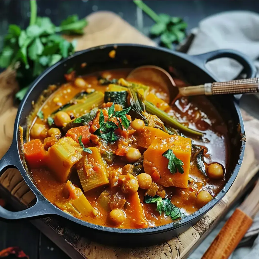 Un plat de légumes colorés mijotés, garni de persil frais, servi dans une casserole en fonte.