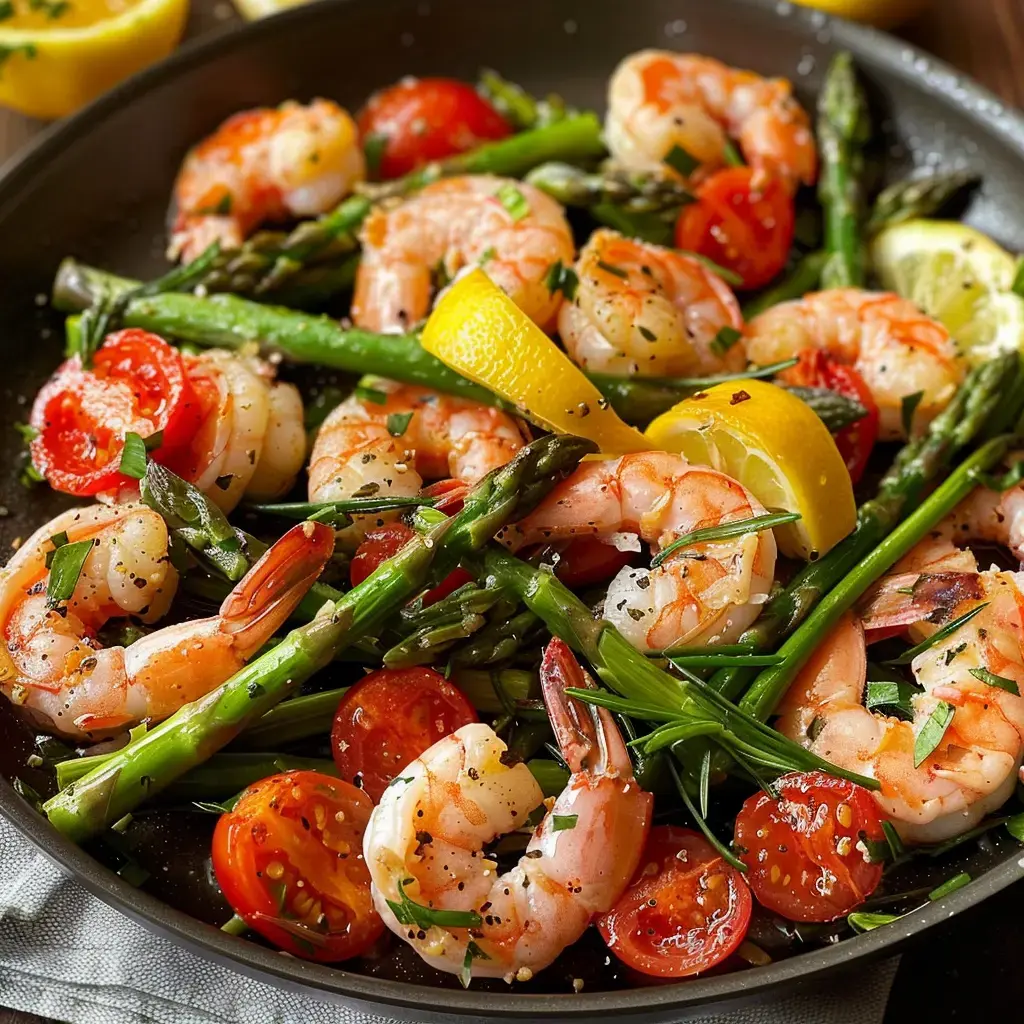 Une poêle remplie de crevettes sautées avec des tomates cerises, des asperges et des tranches de citron.