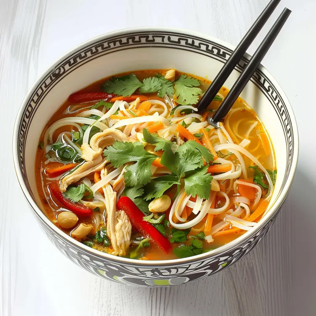 Un bol de soupe aux nouilles avec des morceaux de poulet, des légumes colorés et de la coriandre.