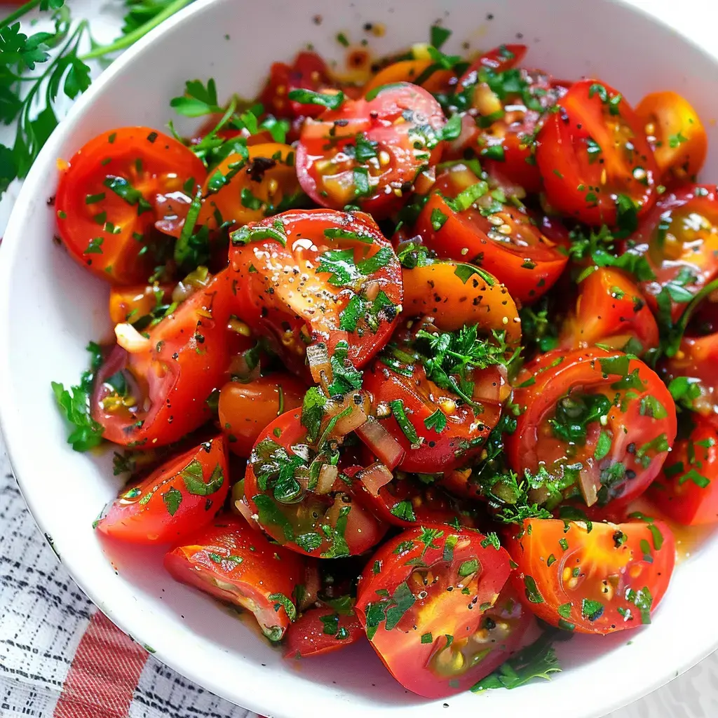 Une assiette de tomates coupées en morceaux, garnies de persil et d'oignons, assaisonnées d'épices.