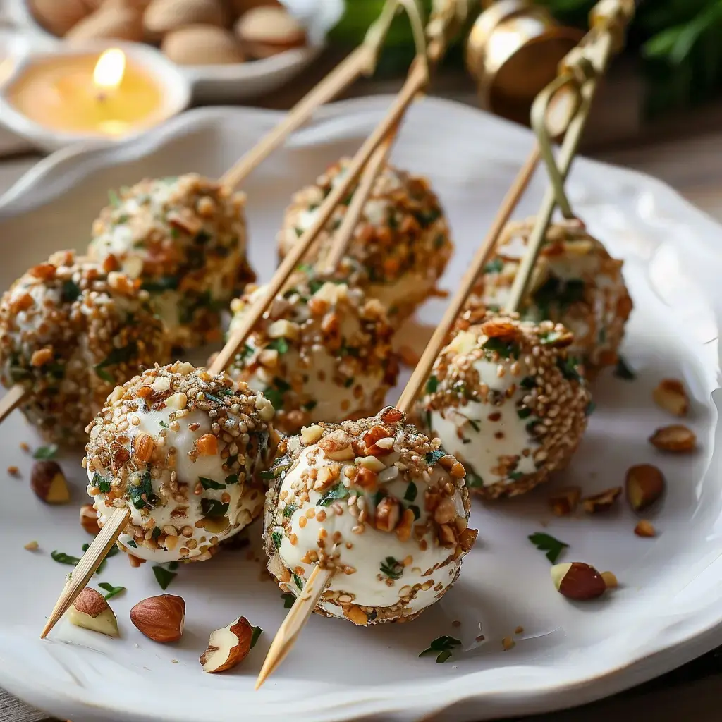 Des boules de fromage enrobées de graines et d'amandes sur des piques en bois, présentées sur une assiette.