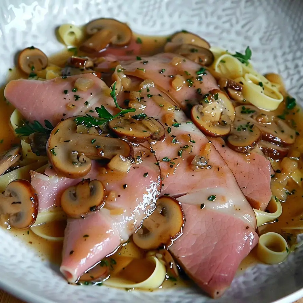 Un plat de pâtes garnies de tranches de viande avec des champignons dans une sauce brune.