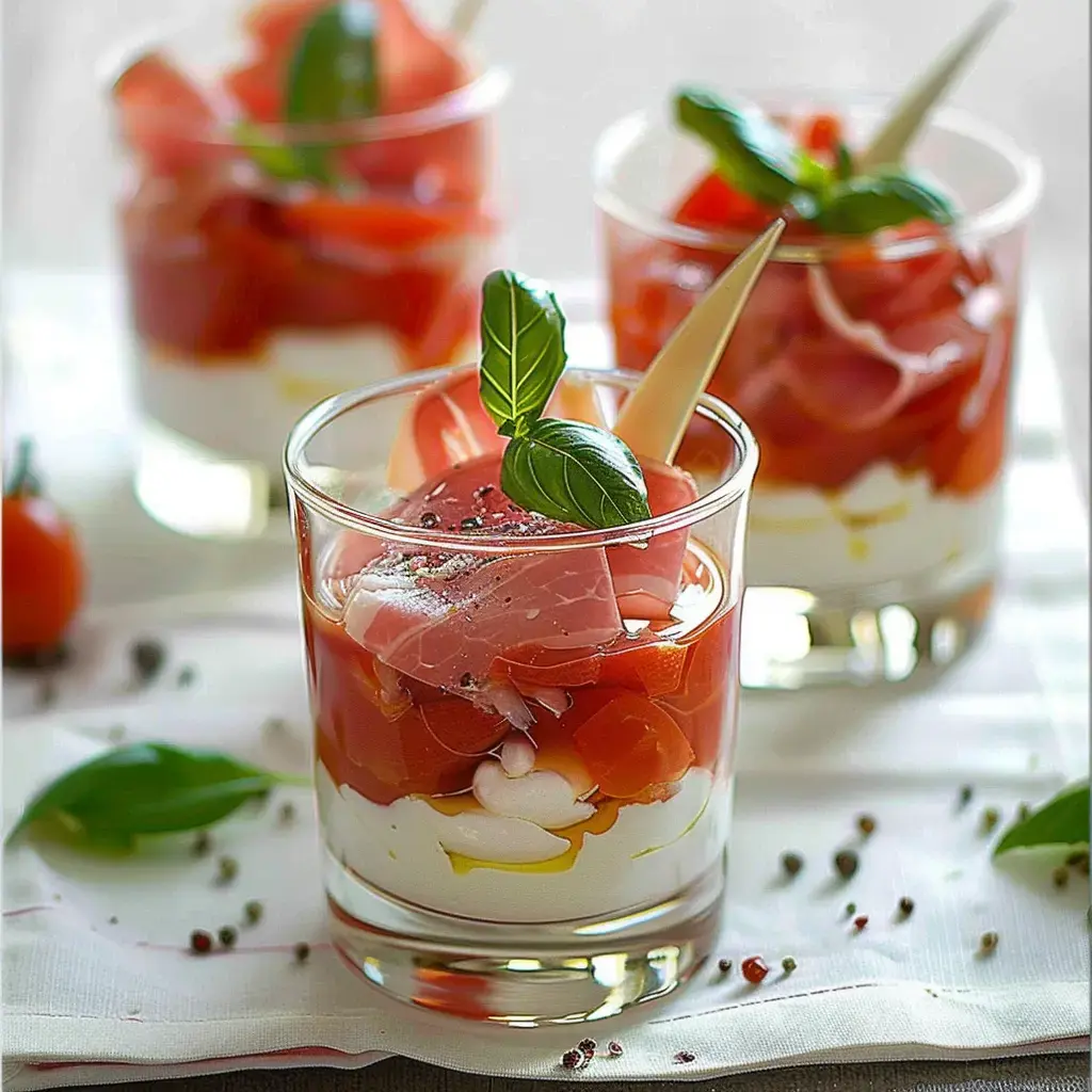 Des verres contenant une couche de tomates, de la crème et du jambon, garnis de feuilles de basilic.