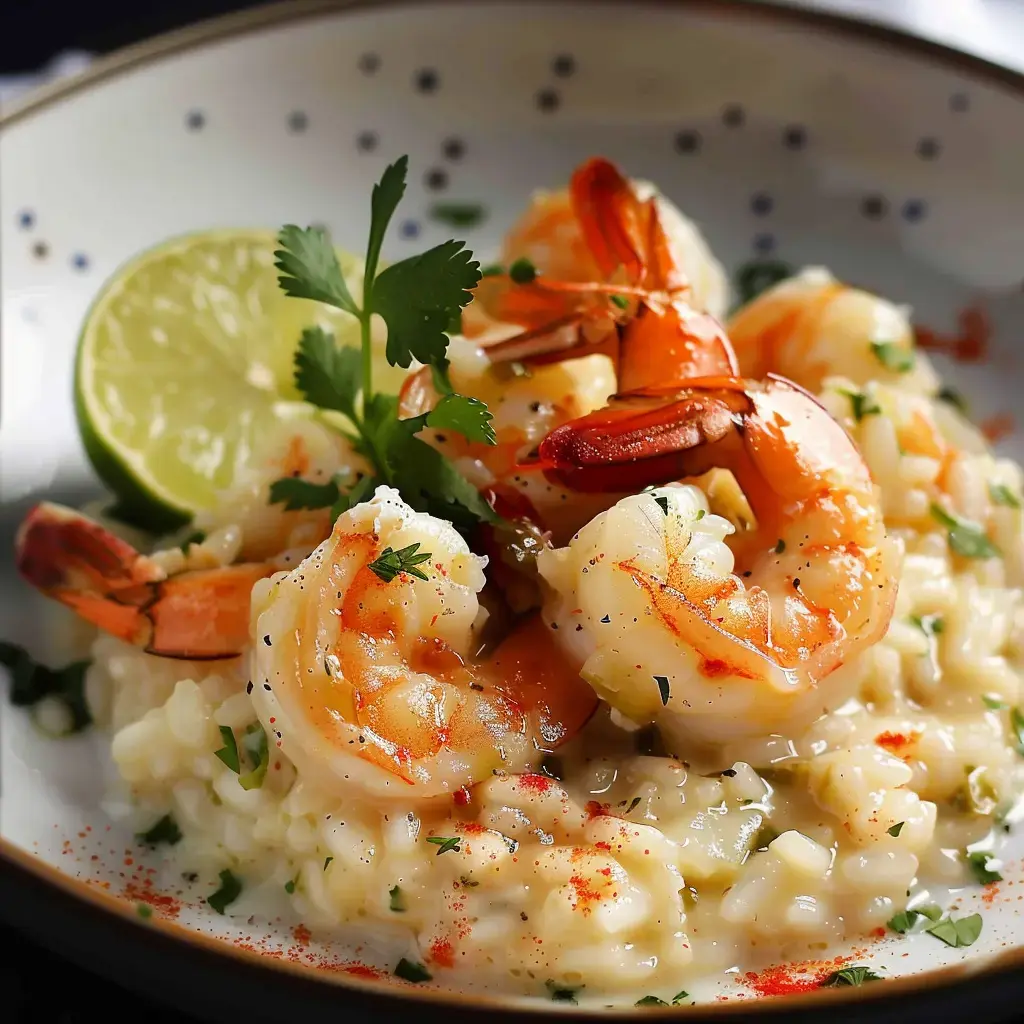 Un plat de risotto crémeux garni de crevettes, d'une rondelle de citron vert et de coriandre.