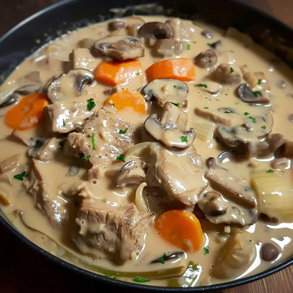 Un plat crémeux contenant des morceaux de viande, des champignons et des carottes dans une sauce onctueuse.