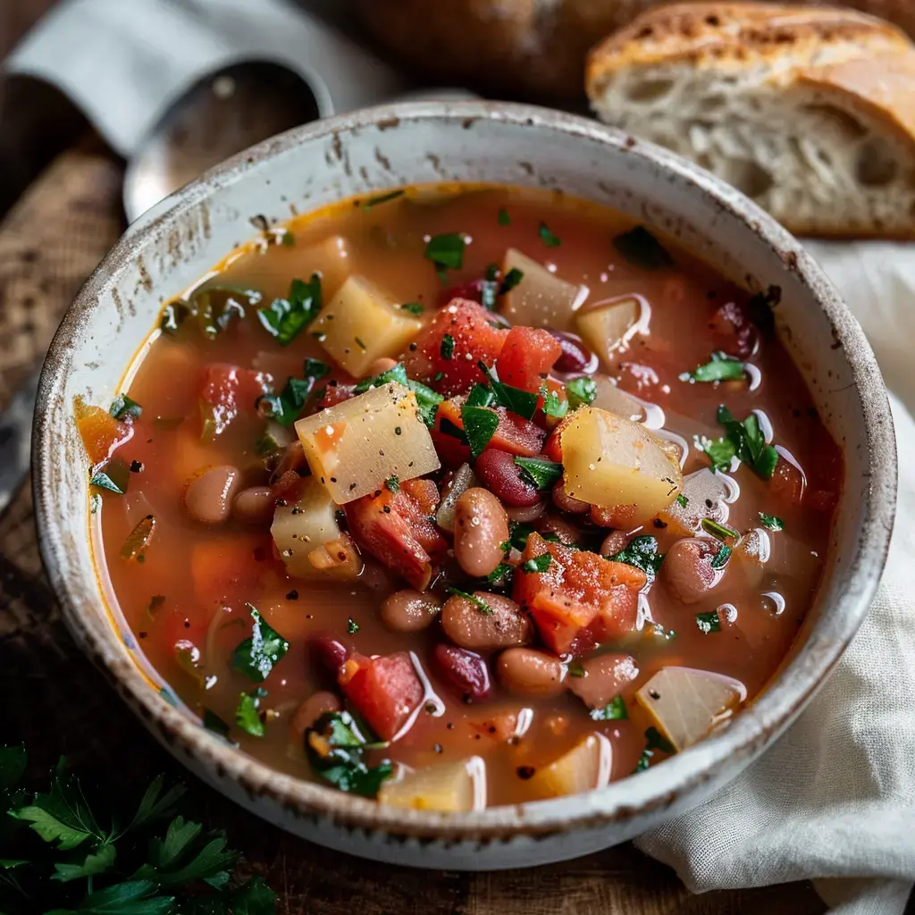 Un bol de soupe colorée avec des légumes, des haricots et des herbes, accompagné de pain sur une table en bois.