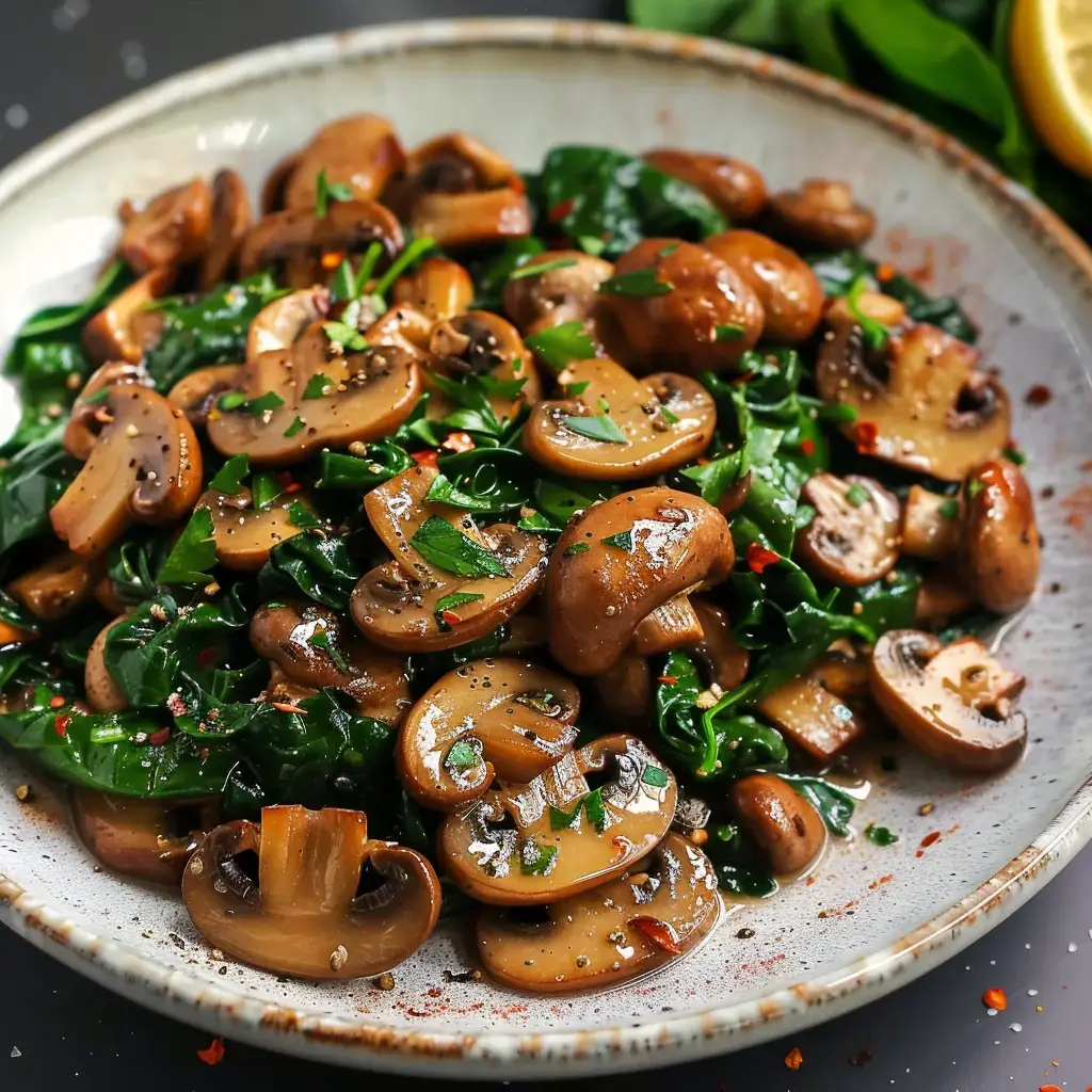 Un plat de champignons sautés avec des feuilles de greens, garni de persil et d'épices.