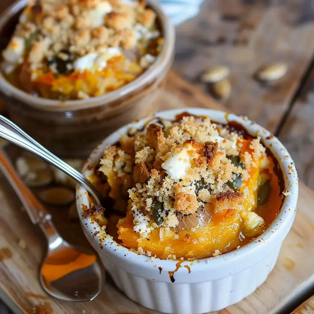 Des ramequins de courge garnis de crumble doré, servis sur une planche en bois.