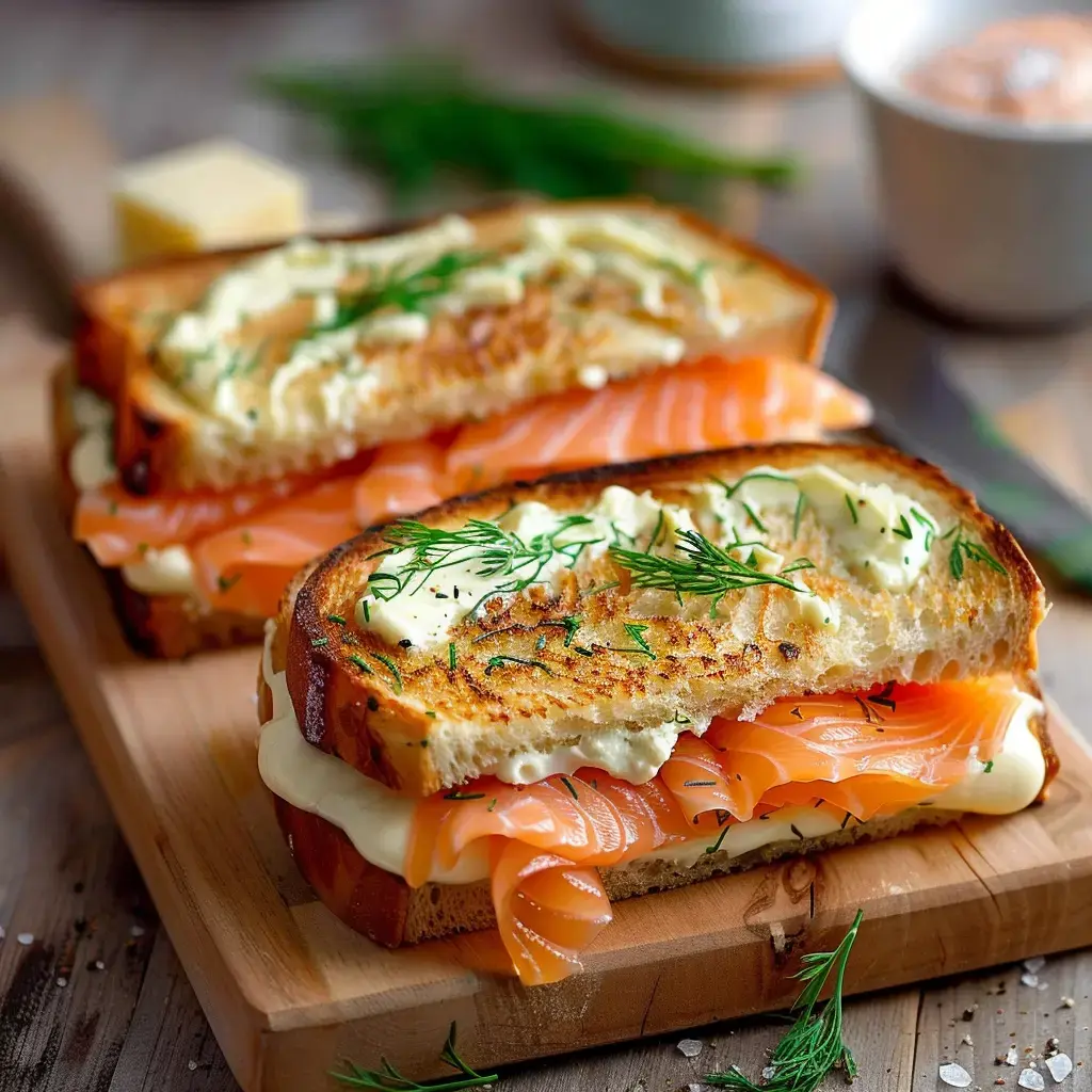 Deux sandwiches grillés au pain doré, garnis de saumon fumé et de crème, sont présentés sur une planche en bois, accompagnés de quelques brins d'aneth.