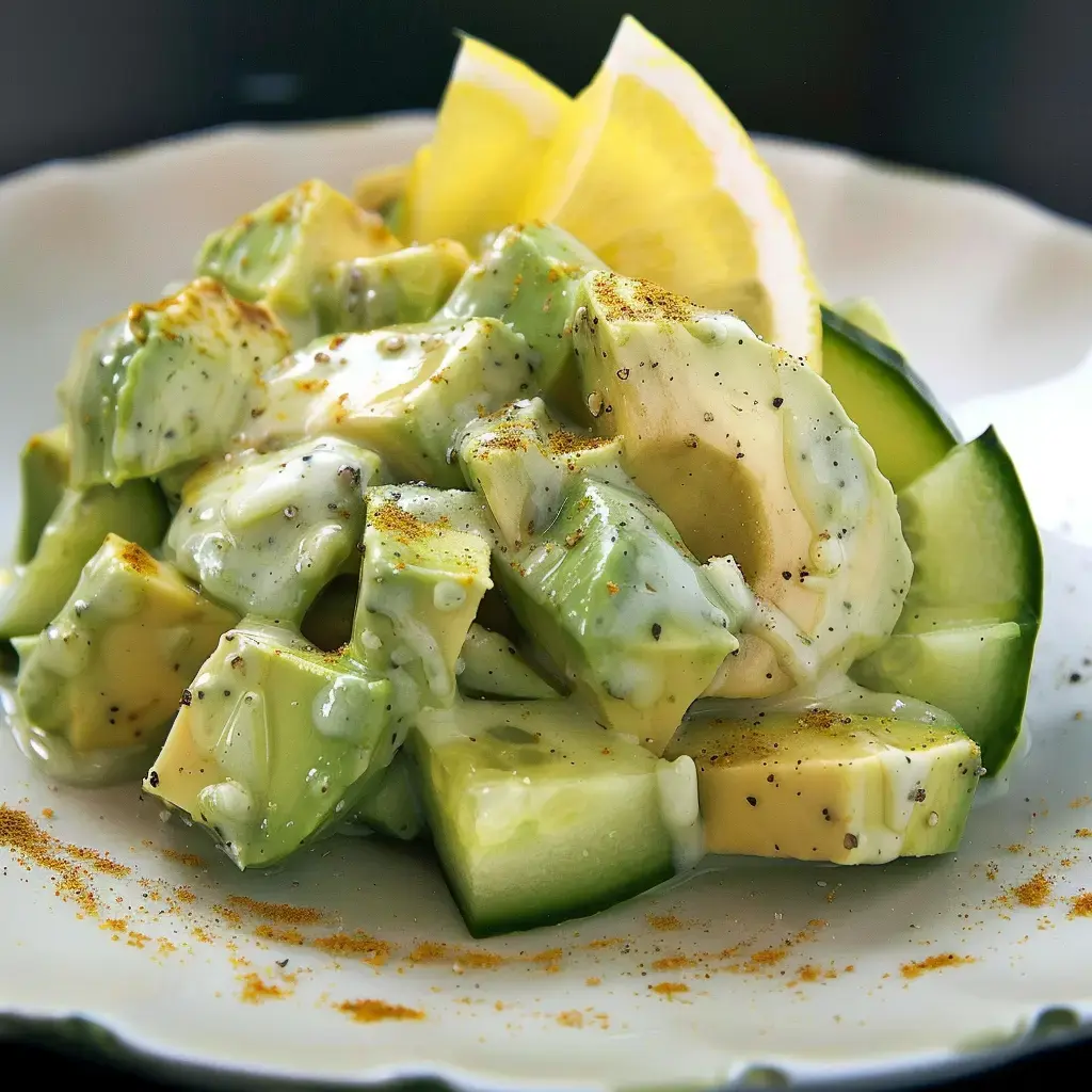 Salade d'avocat et de concombre assaisonnée de sauce crémeuse et de citron.