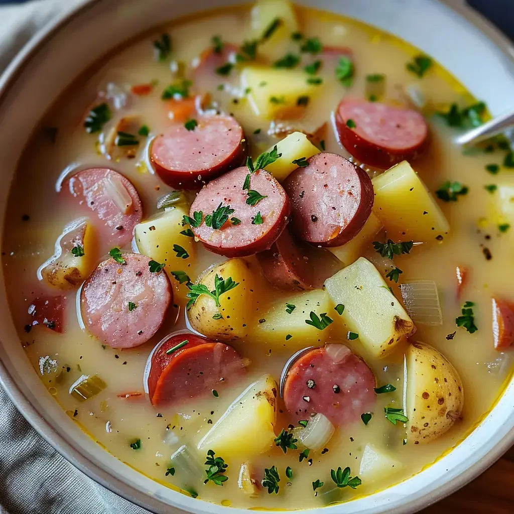 Une soupe crémeuse contenant des morceaux de saucisse, de pommes de terre et des herbes fraîches.