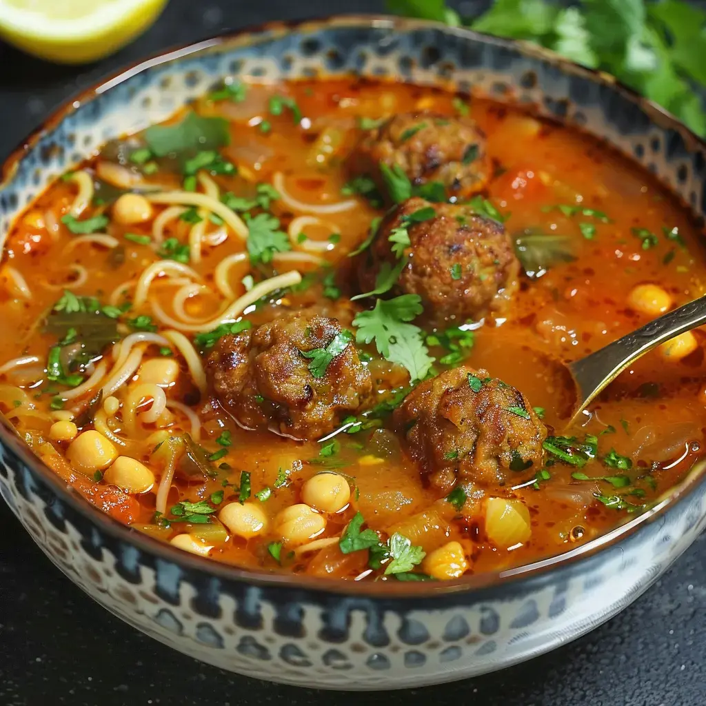 Un bol de soupe épicée aux boulettes de viande, pâtes et pois chiches, garni de coriandre fraîche.