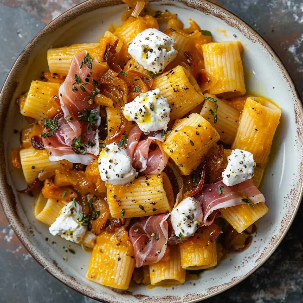 Un plat de pâtes rigatoni aux morceaux de jambon, garnies de crème, d'oignons caramélisés et d'herbes fraîches.