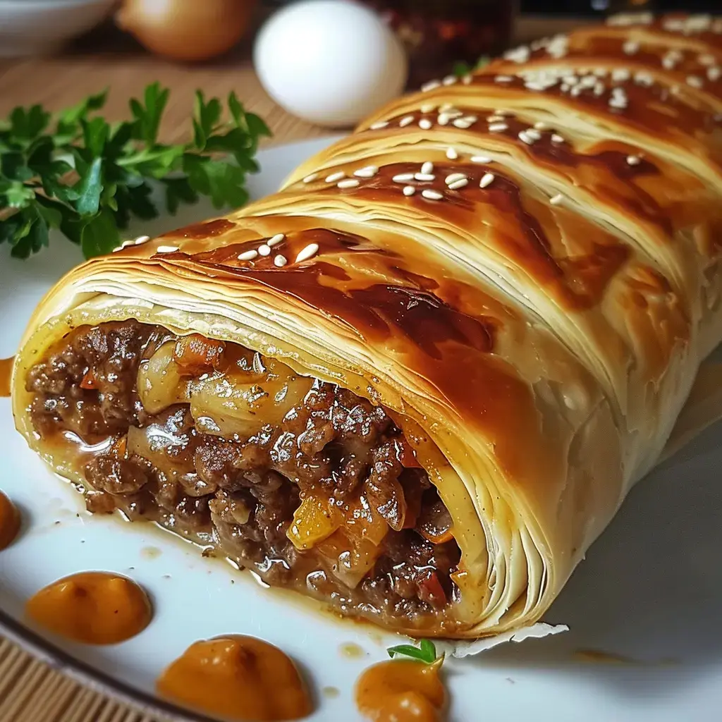 Un rouleau de pâte feuilletée dorée, farci de viande hachée et de légumes, servi avec une garniture de sauce et des graines de sésame.