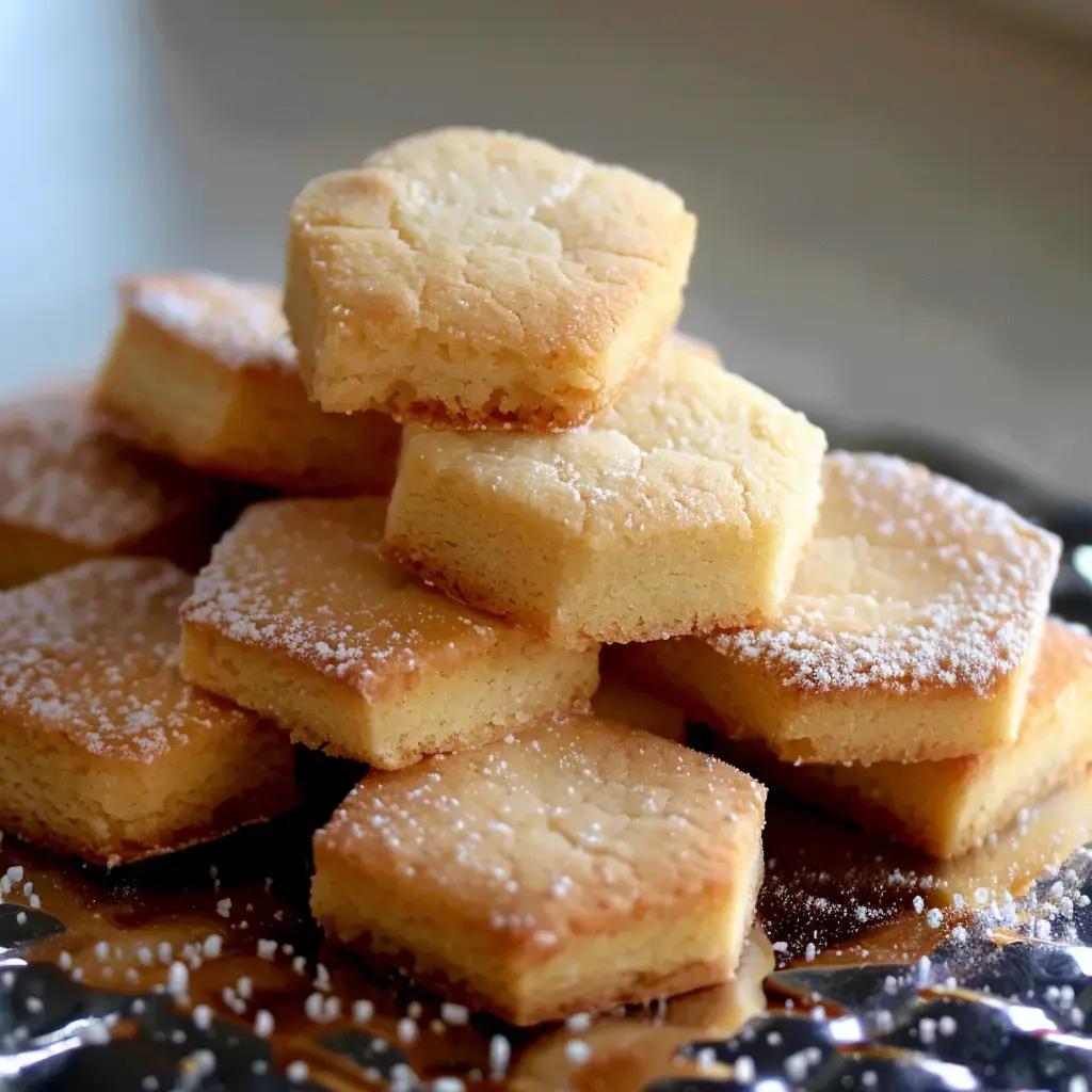 Un tas de biscuits hexagonaux saupoudrés de sucre glace sur un plateau.