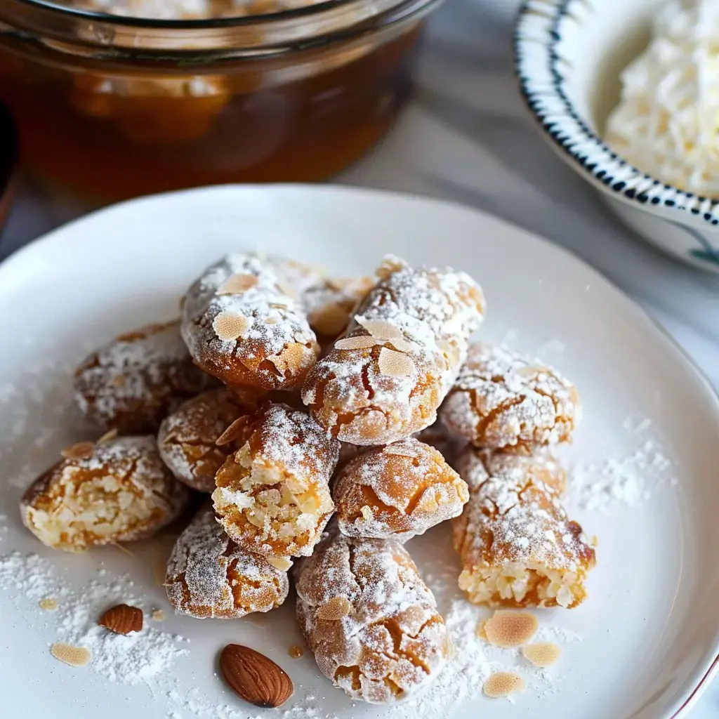 Des pâtisseries sucrées et poudrées de sucre glace sont empilées sur une assiette, avec des amandes et un pot de sirop en arrière-plan.