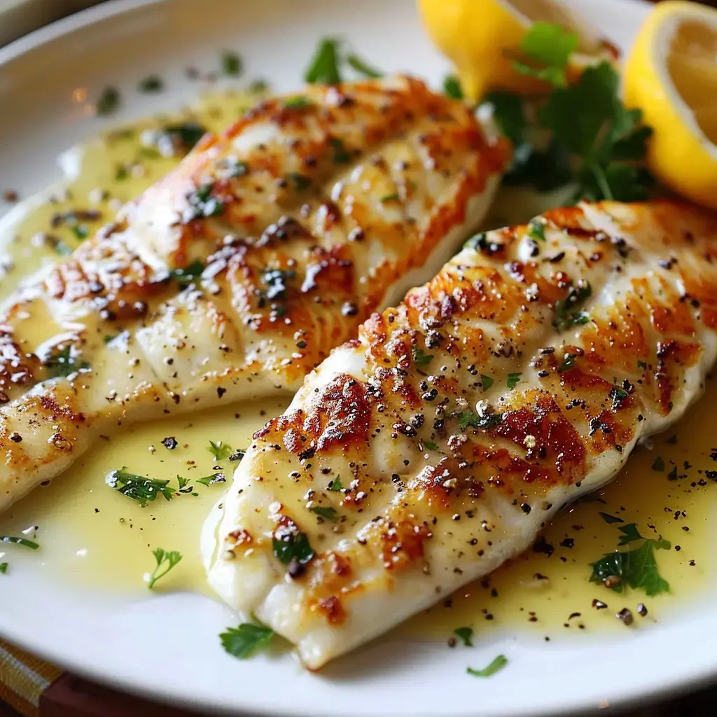 Deux filets de poisson grillés, nappés d'une sauce au beurre et garnis de persil, accompagnés de quartiers de citron, sont disposés sur une assiette.