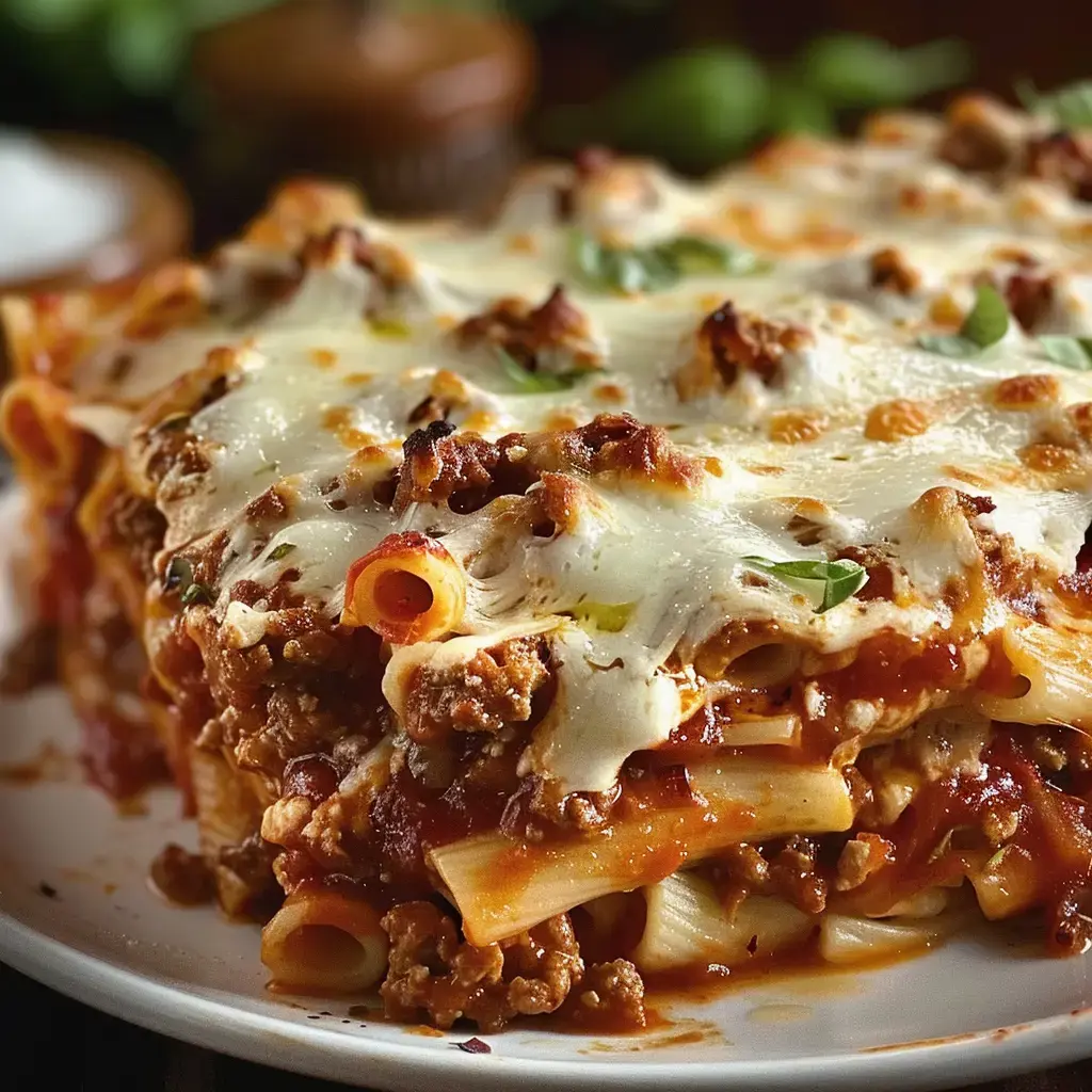 Un plat de lasagnes au fromage garni de viande hachée et de sauce tomate est présenté sur une assiette.