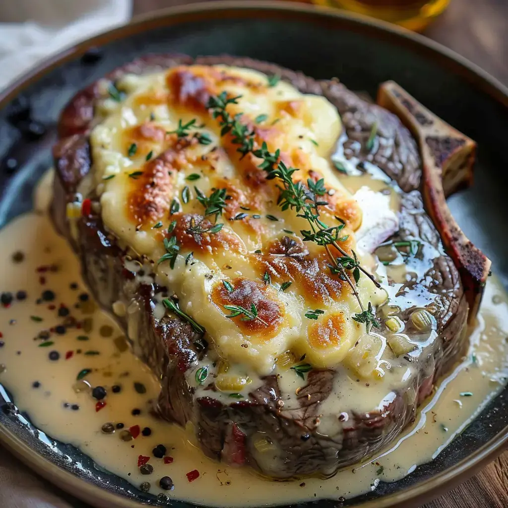 Un plat de viande de boeuf servi avec une garniture crémeuse, gratinée et parsemée de thym, dans une sauce onctueuse.