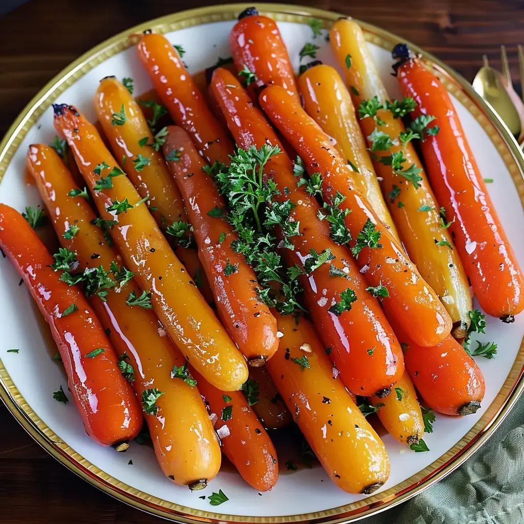 Des carottes colorées, brillantes et garnies de persil, présentées sur une assiette blanche.