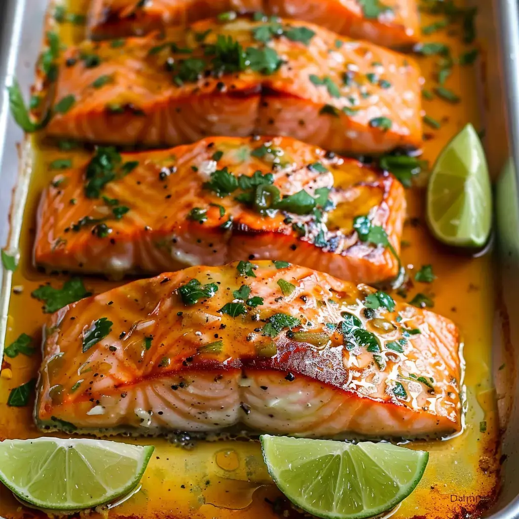 Filets de saumon grillés garnis de coriandre et accompagnés de quartiers de citron vert.