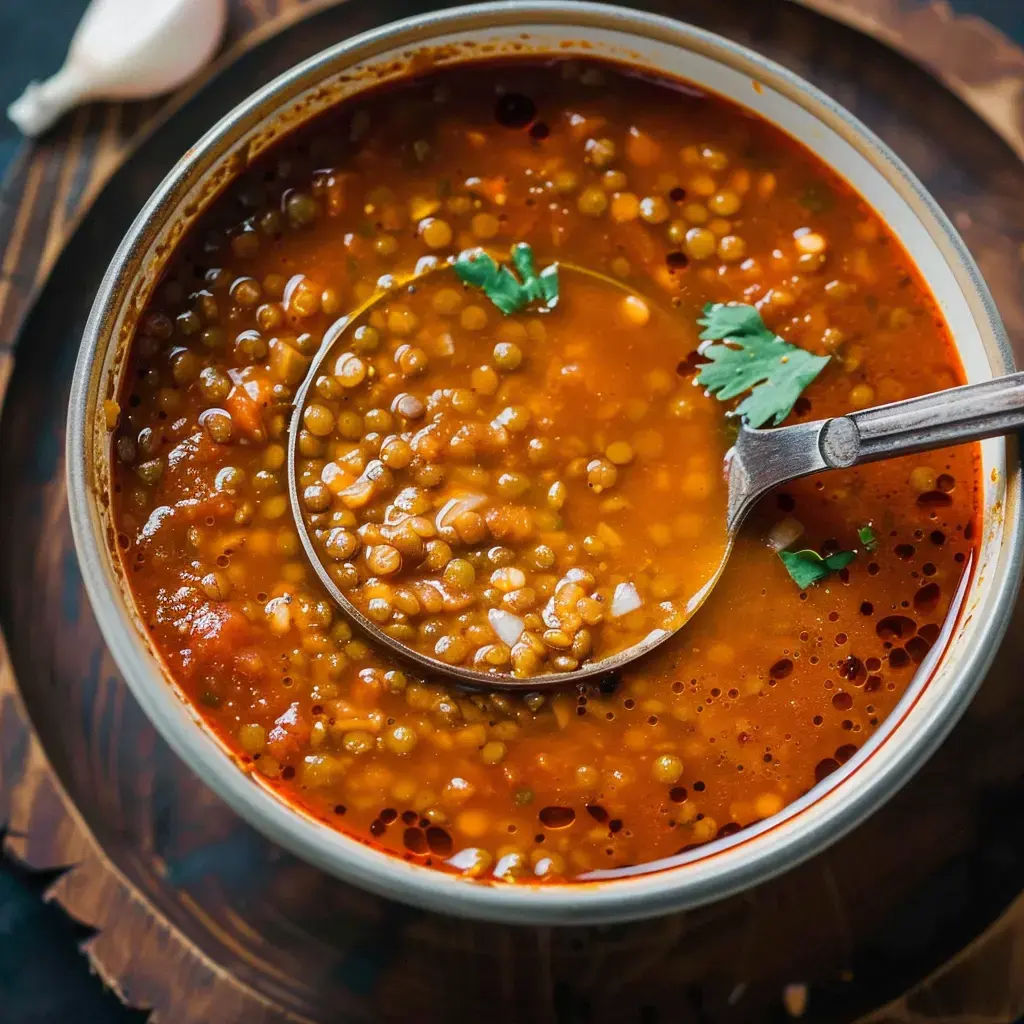 Un bol de soupe de lentilles avec des morceaux de coriandre sur le dessus et une cuillère en métal.