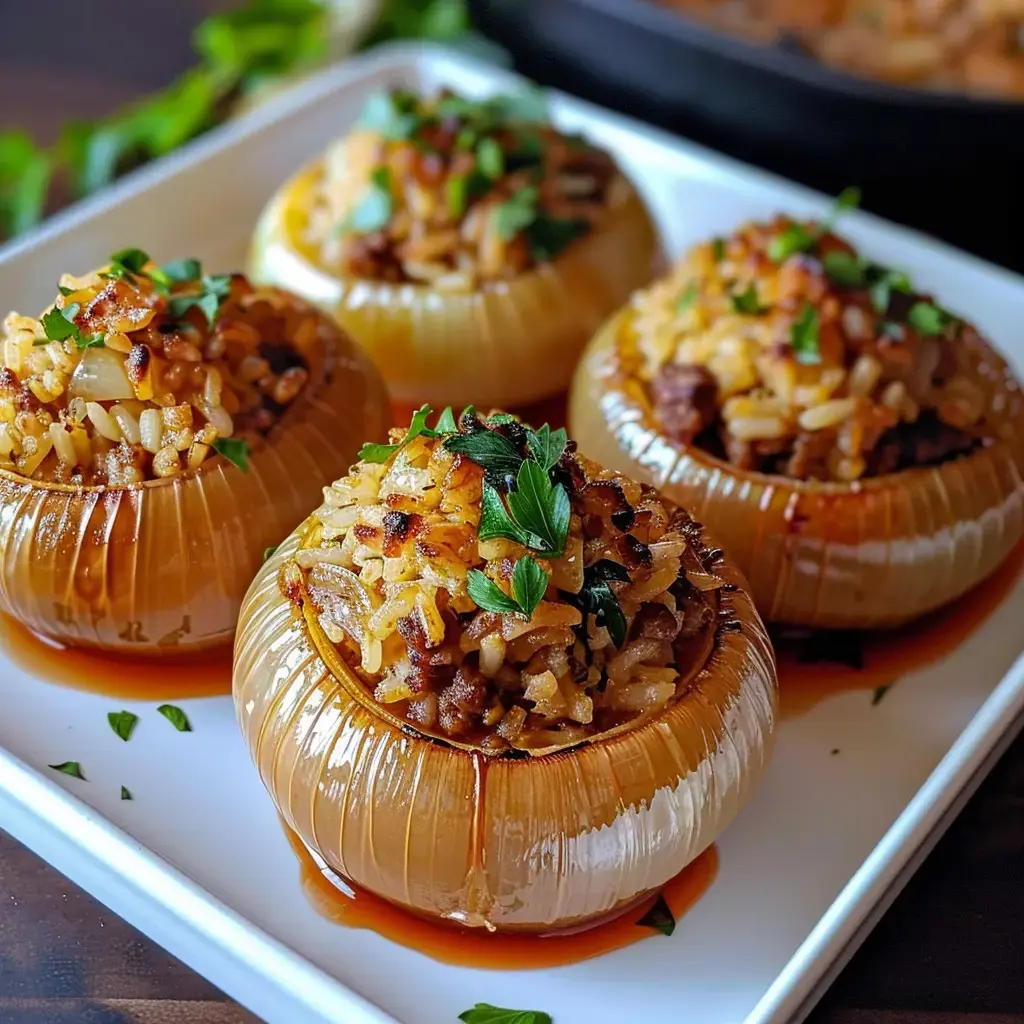 Quatre oignons farcis de riz et de viande, garnis de persil frais, présentés sur une assiette blanche.