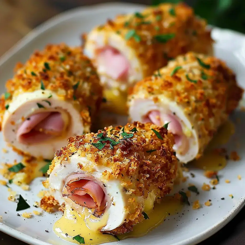 Quatre rouleaux croustillants garnis de jambon et de fromage, servant une sauce jaune, sont présentés sur une assiette.