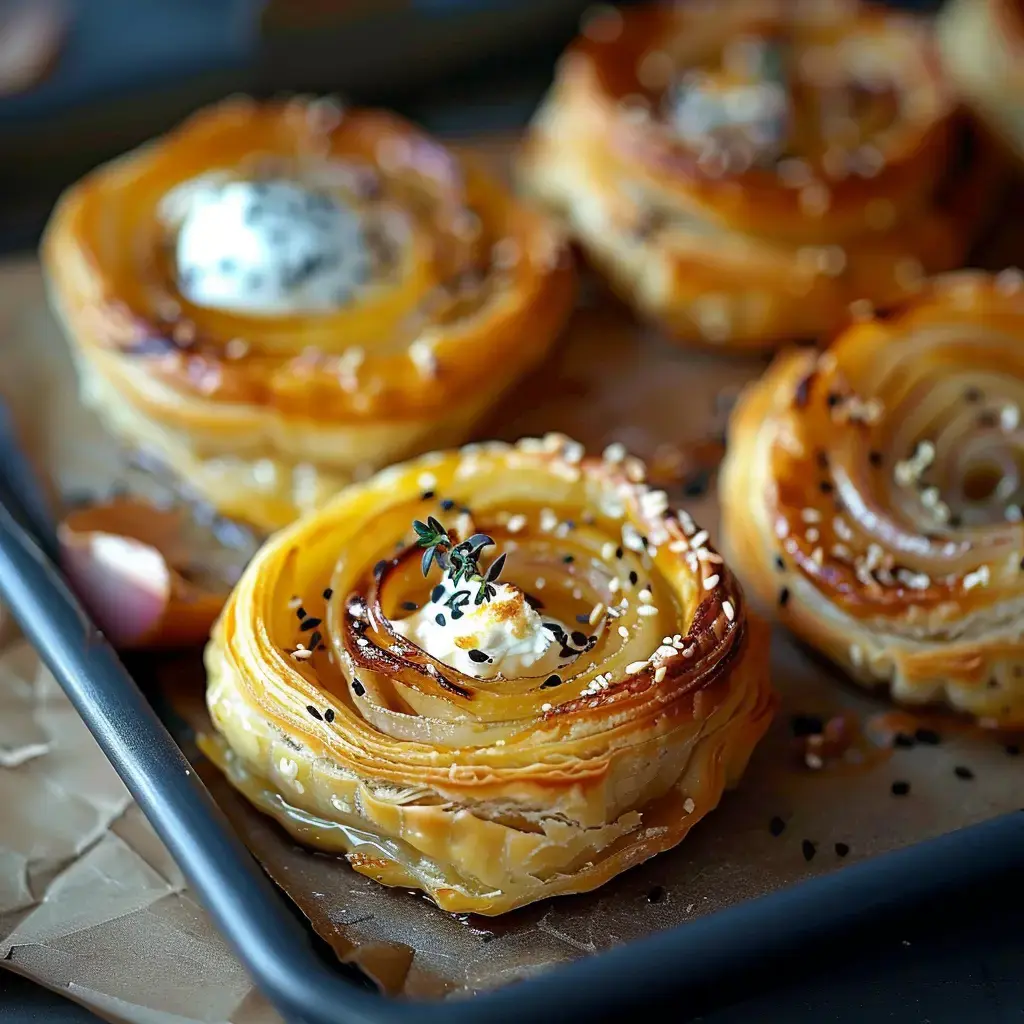 Des rouleaux de pâte feuilletée garnis d'oignons caramélisés, de crème et de graines de sésame, présentés sur une plaque.