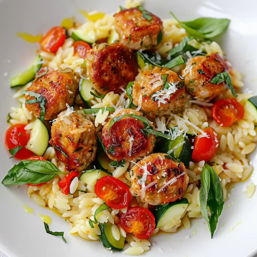 Un plat de pâtes orzo garni de boulettes de viande, tomates cerises, courgettes et basilic frais.