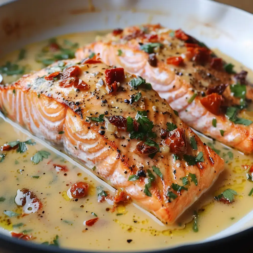 Deux filets de saumon cuisinés dans une sauce crémeuse, garnis de tomates séchées et de coriandre.