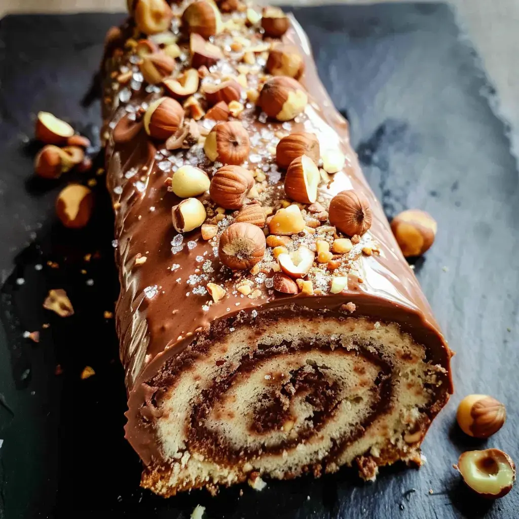 Un gâteau roulé au chocolat garni de noisettes et de sucre sur un plateau noir.