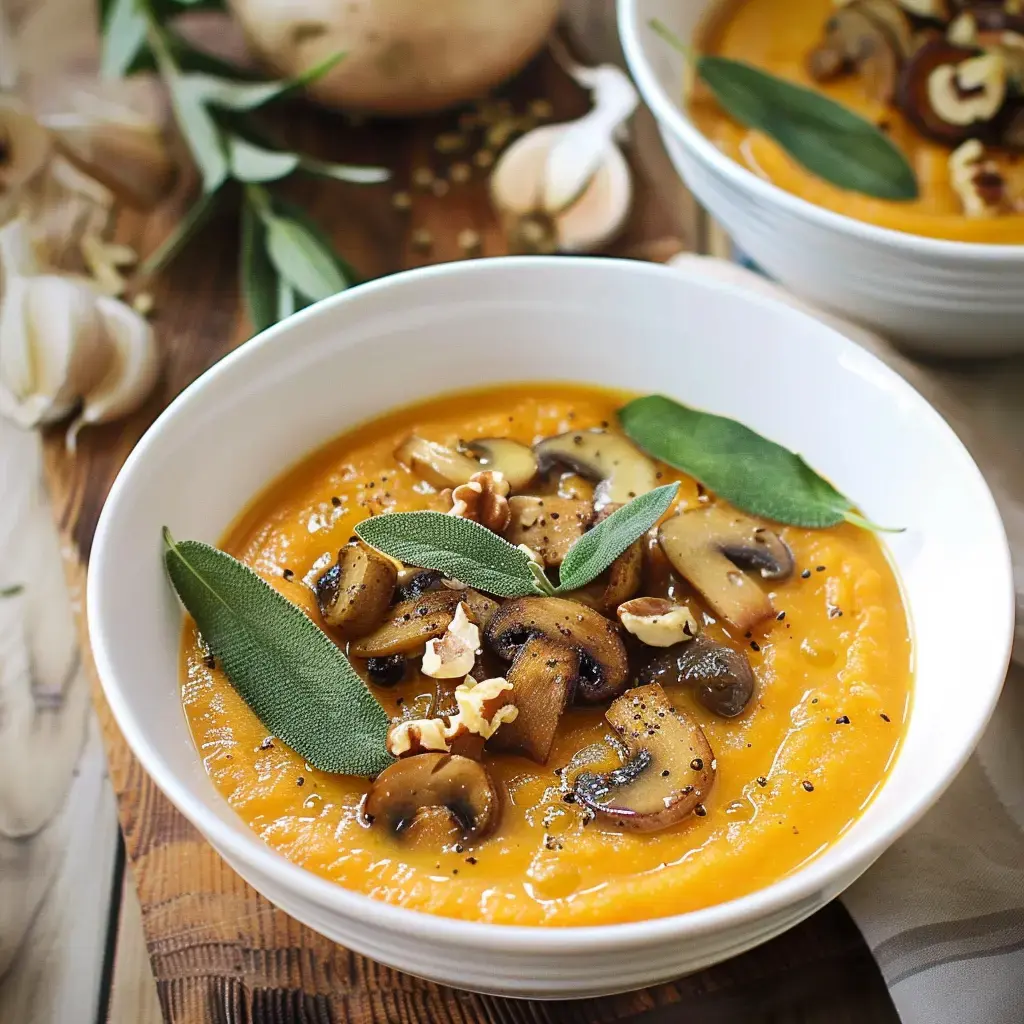 Une soupe de courge orange garnie de champignons sautés, de noix et de feuilles de sauge, présentée dans un bol blanc sur une planche en bois.