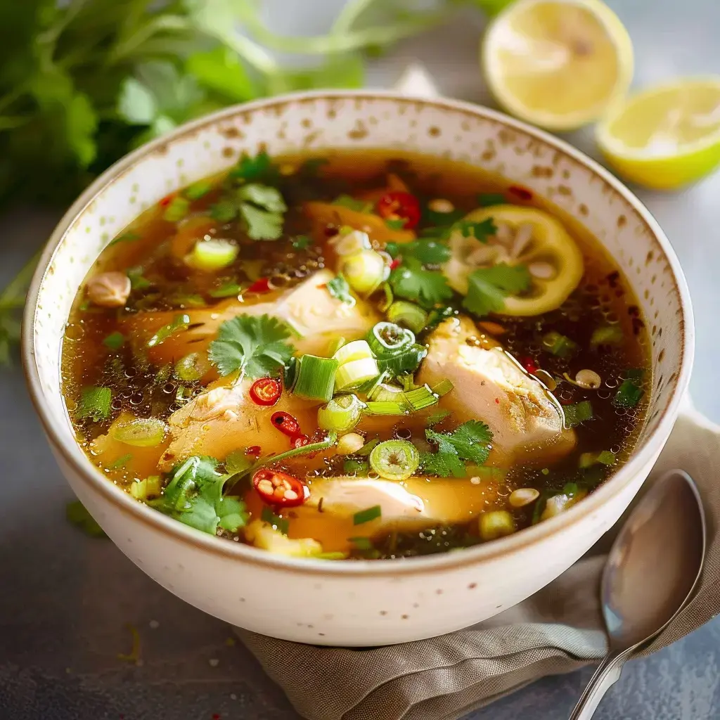 Bol de soupe chaude au poulet agrémentée de coriandre, d'oignons verts et de piments, avec des quartiers de citron à côté.