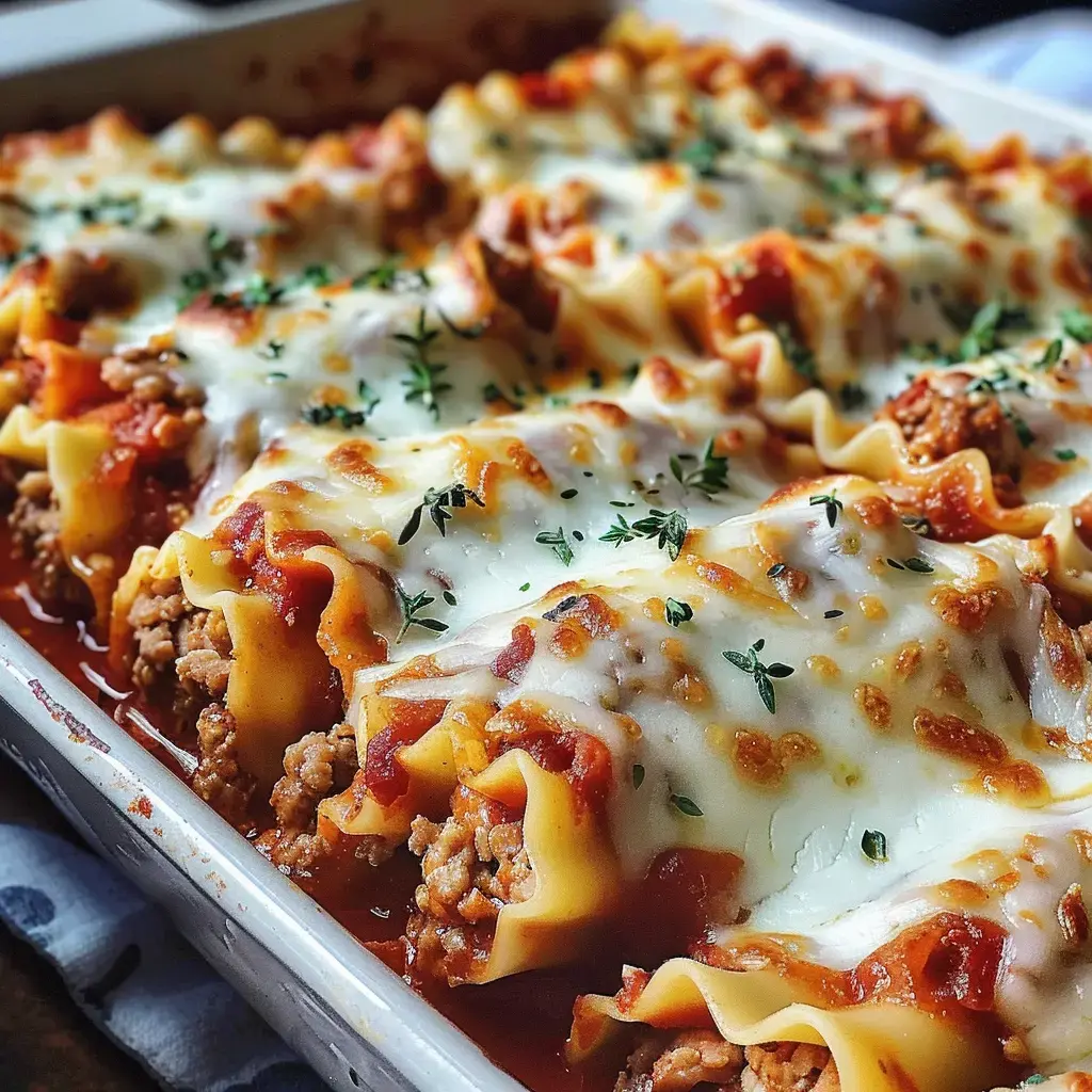 Lasagnes garnies de viande hachée et de fromage, cuites au four et parsemées de thym frais.