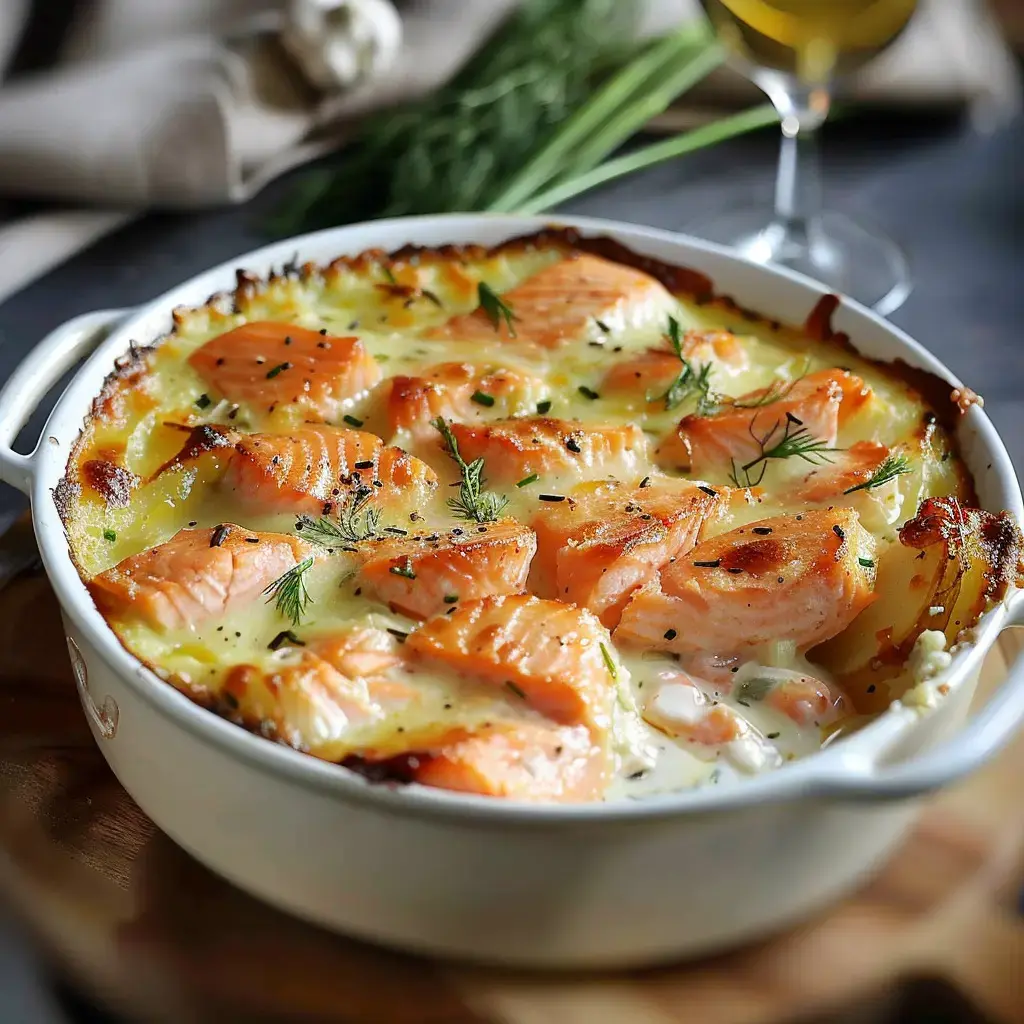 Un plat de saumon cuit au four, garni de crème et d'herbes, servi dans un plat en céramique.