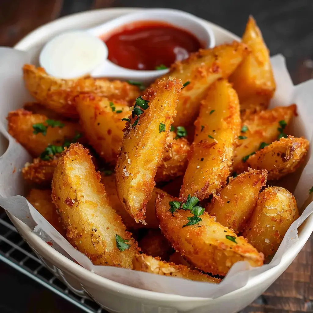 Des quartiers de pommes de terre frites croustillantes, garnis de persil, accompagnés de sauce blanche et de ketchup.