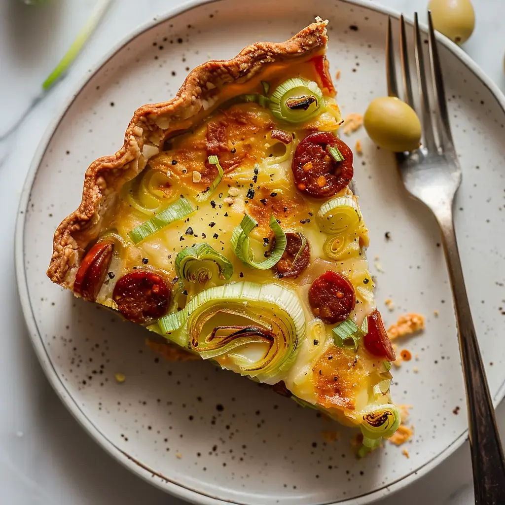 Une part de quiche garnie de poireaux et de chorizo sur une assiette, avec une fourchette à côté.