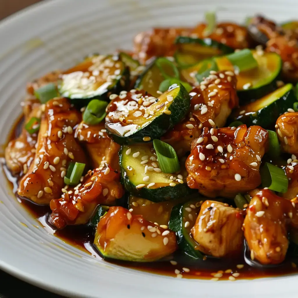 Un plat de poulet sauté avec des courgettes, garni de graines de sésame et d'oignons verts.