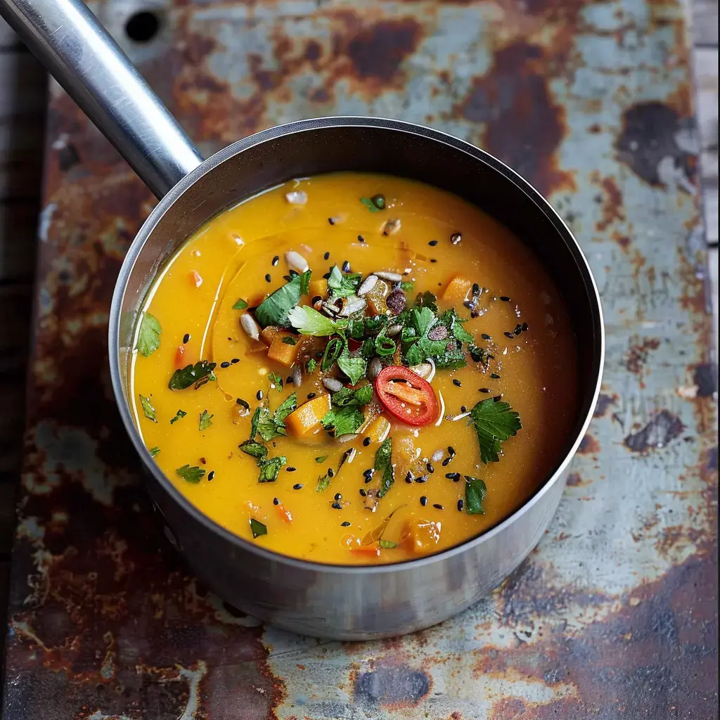 Une casserole de soupe orange garnie de coriandre, de piment et de graines sur une surface rouillée.