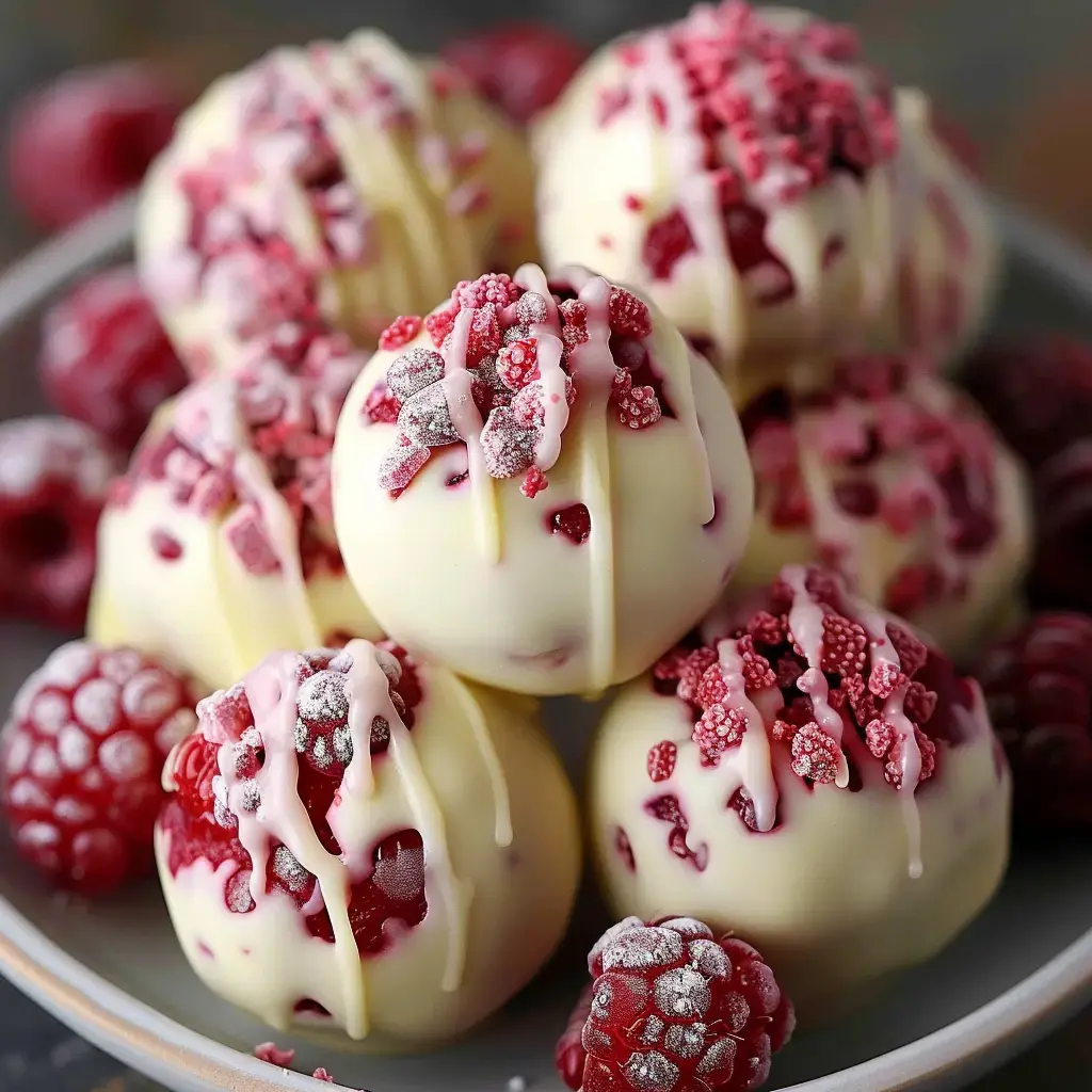 Des boules blanches garnies de framboises et décorées de copeaux roses et argentés sont disposées sur une assiette.