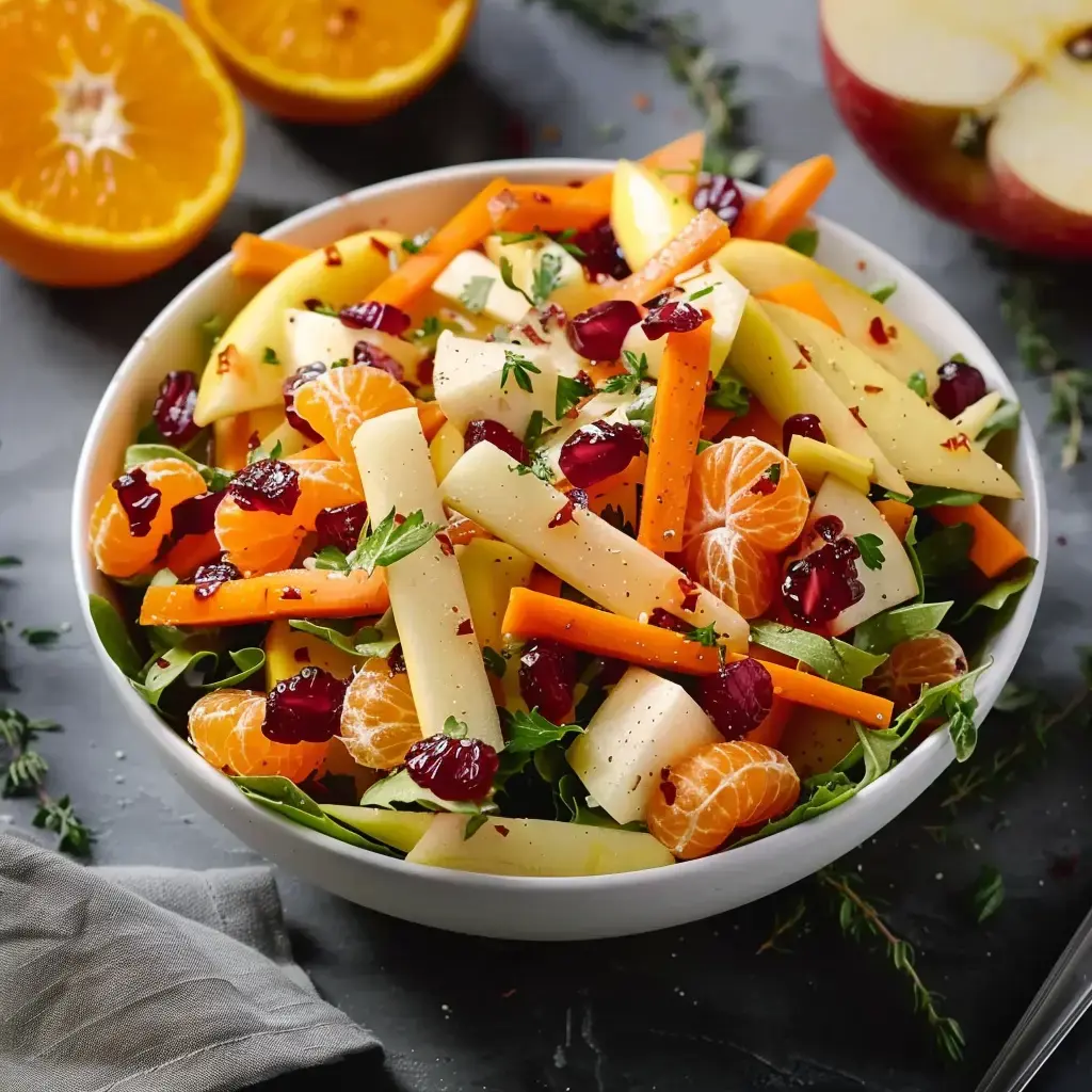 Une salade colorée composée de légumes et de fruits frais, comprenant des carottes, des pommes, des mandarines et des cranberries, servie dans un bol blanc.