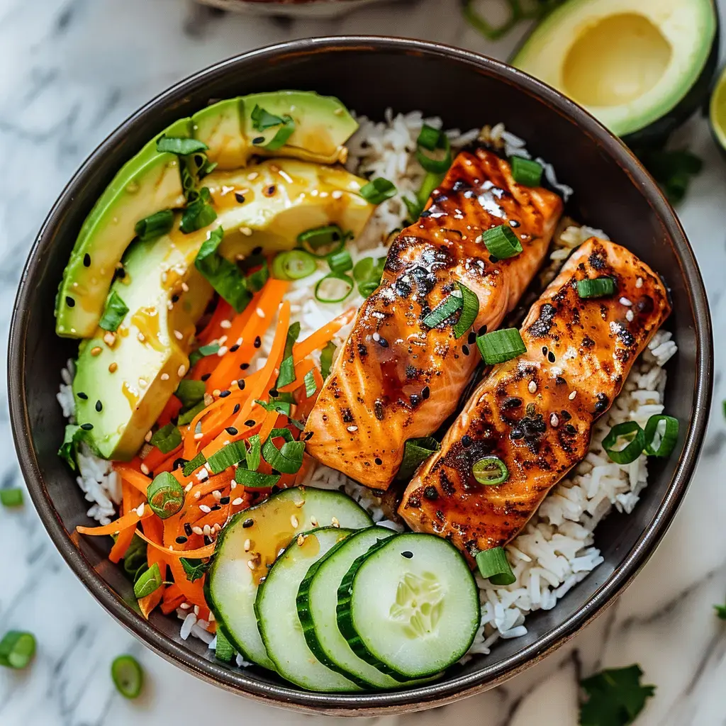 Bol de riz avec saumon grillé, avocat, carottes, concombres et garniture d'oignons verts.