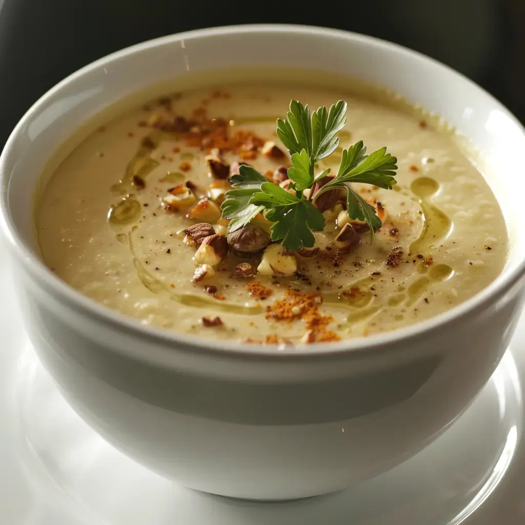 Bol de soupe crémeuse garni de noix, d'huile d'olive, de paprika et d'une feuille de persil.